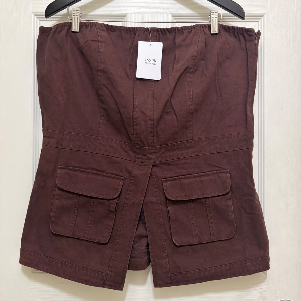 NEW INSPR by Tezza Utility Corset Tube Top Brown Granite Strapless Cargo XL Edgy